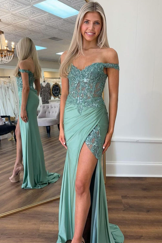 Sparkly Green Off The Shoulder Mermaid Corset Long Prom Dress with Slit