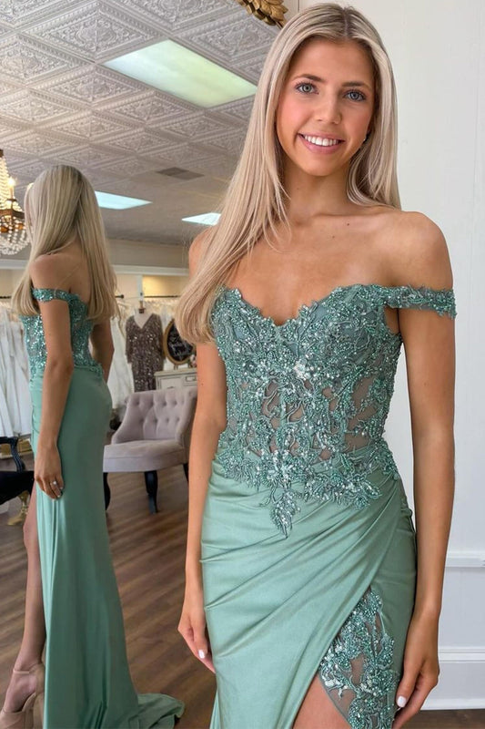 Sparkly Green Off The Shoulder Mermaid Corset Long Prom Dress with Slit