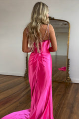 Sparkly Fuchsia Spaghetti Straps Mermaid Corset Prom Dress with Slit