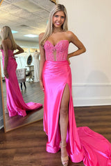 Sweetheart Fuchsia Mermaid Corset Long Prom Dress with Slit