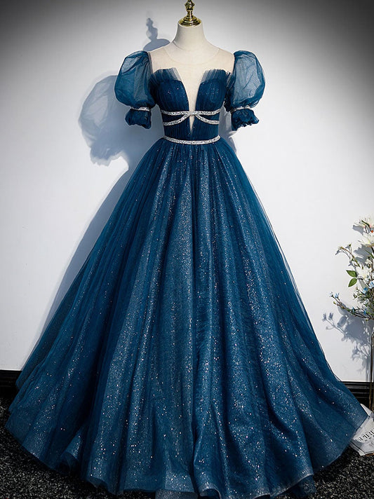 Blue Tulle Sequin Long Prom Dress Blue Tulle Formal Dress