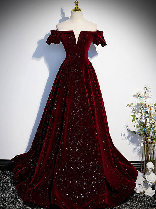 Burgundy Velvet Beaded Long Prom Dress Burgundy Evening Dress