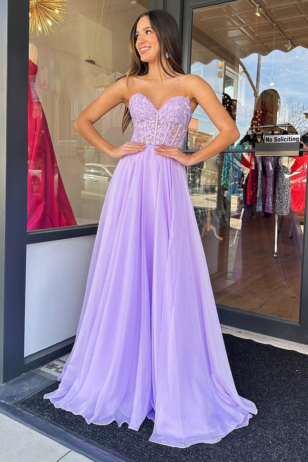 Lilac Corset A-Line Sweetheart Long Chiffon Prom Dress with Slit