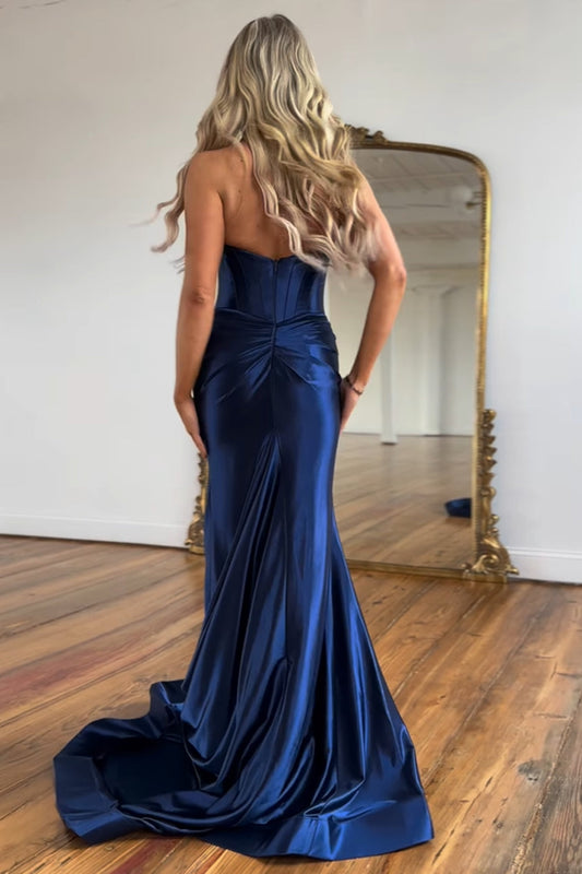 Halter Navy Mermaid Corset Long Prom Dress with Slit