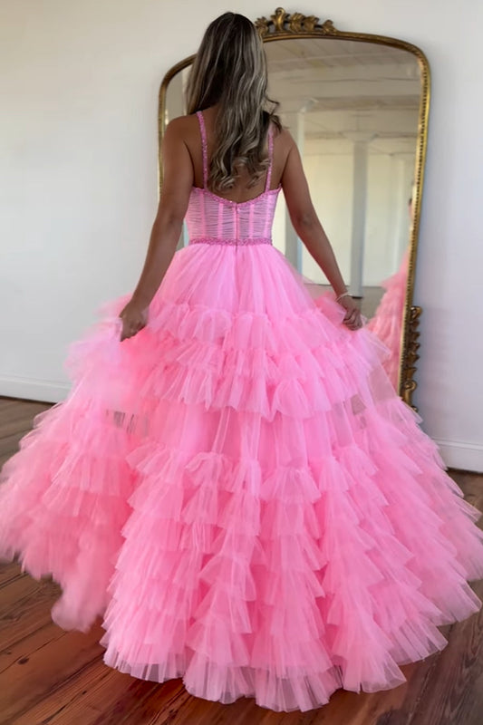 A Line Pink Spaghetti Straps Tiered Corset Tulle Long Prom Dress