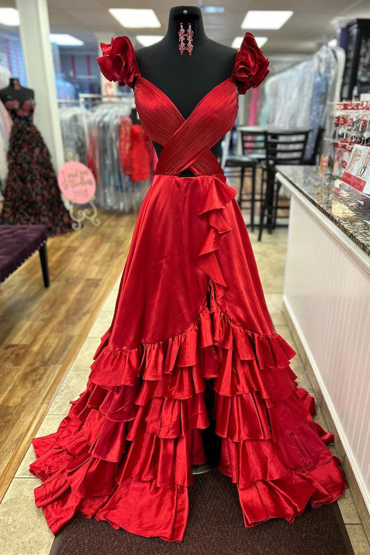 Red Ruffled Satin Hollow Out Long Prom Dress