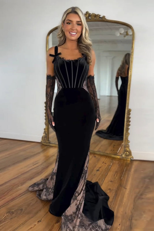 Spaghetti Straps Black Mermaid Corset Velvet Long Prom Dress(Gloves are not included)