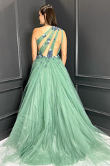 A Line Green One Shoulder Tulle Long Prom Dress with Flowers