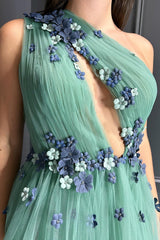 A Line Green One Shoulder Tulle Long Prom Dress with Flowers