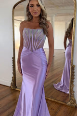 Sparkly Purple Strapless Mermaid Corset Long Prom Dresses