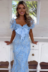 Blue Mermaid Floral Long Prom Dress with Short Sleeves