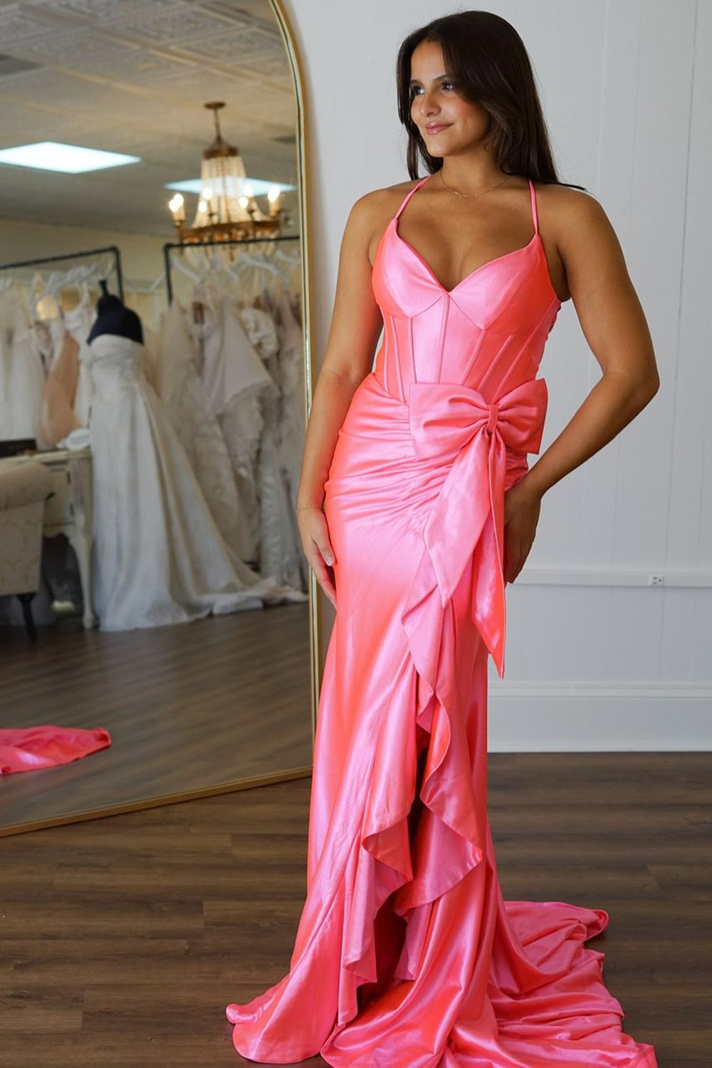 Hot Pink Corset Spaghetti Straps Long Prom Dress with Slit