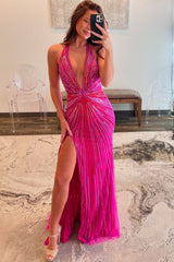 Sparkly Fuchsia Halter Long Prom Drees with Slit