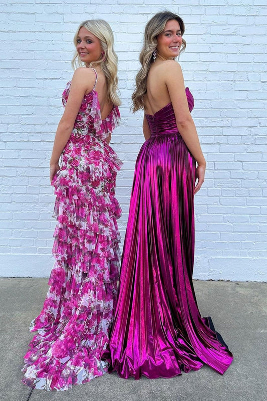 Fuchsia Metallic Sweetheart Long Prom Dress with Slit