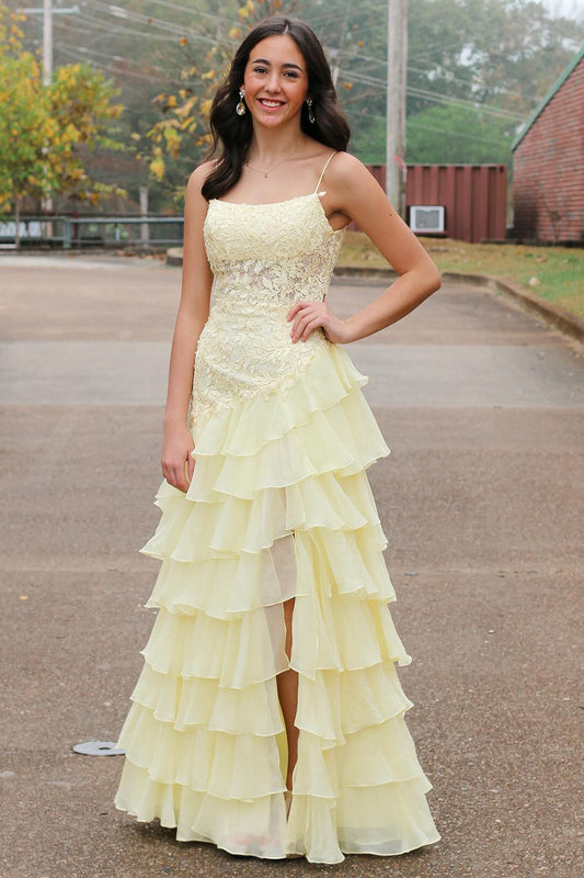 Yellow Floral Tiered Spaghetti Straps Prom Dress with Slit