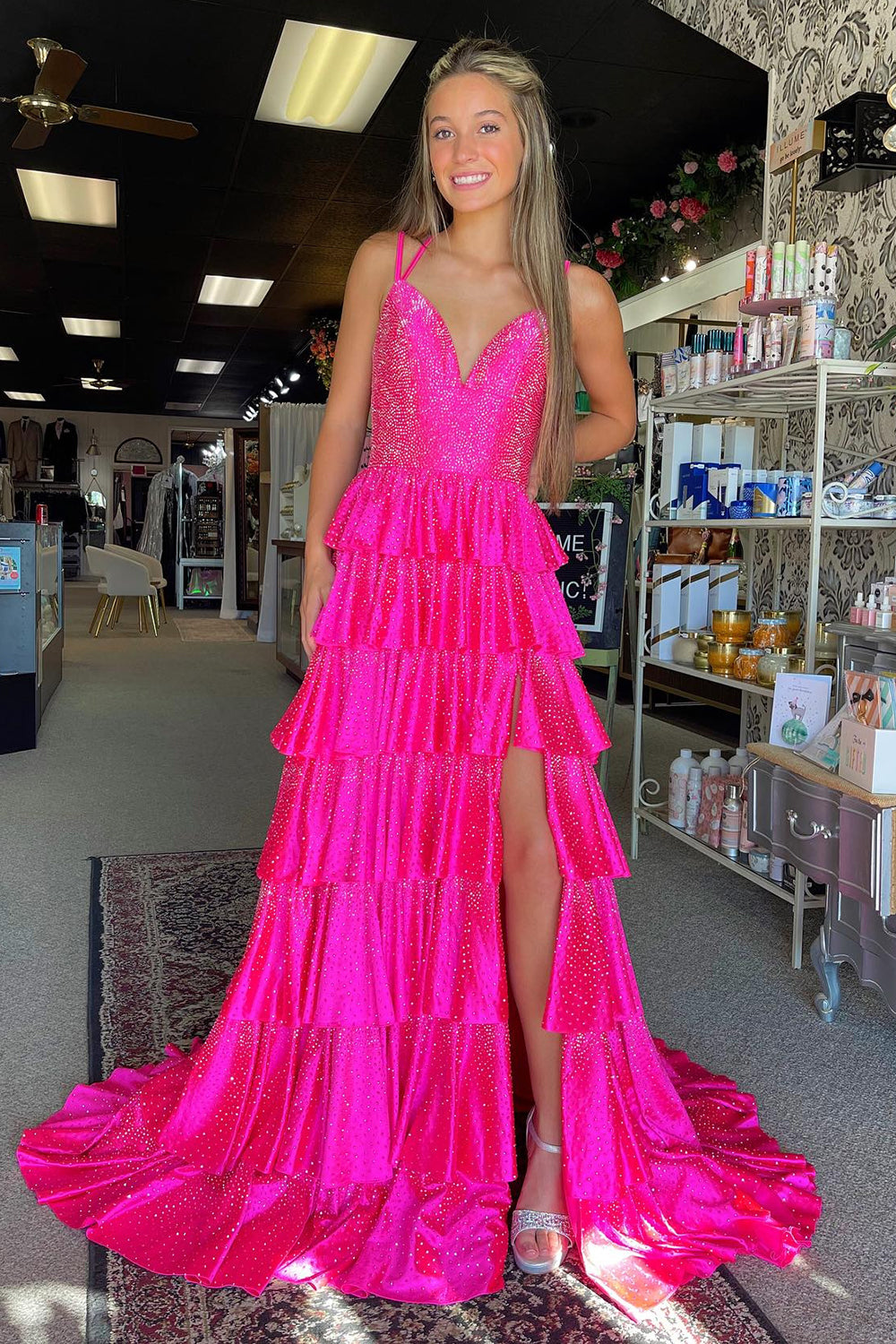 Sparkly Fuchsia Tiered Beaded Spaghetti Straps Long Prom Dress with Slit