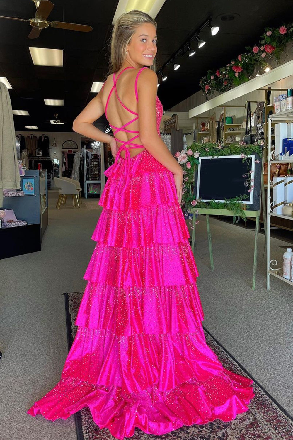 Sparkly Fuchsia Tiered Beaded Spaghetti Straps Long Prom Dress with Slit