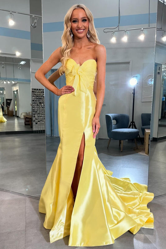 Sparkly Yellow Mermaid Sweetheart Ruche Prom Dress with Slit