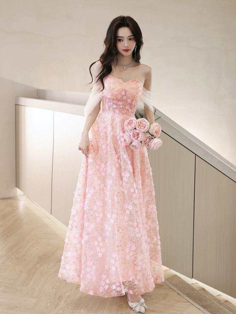 A-Line Off-Shoulder Tulle Lace Pink Long Prom Dress Pink Long Formal Dress