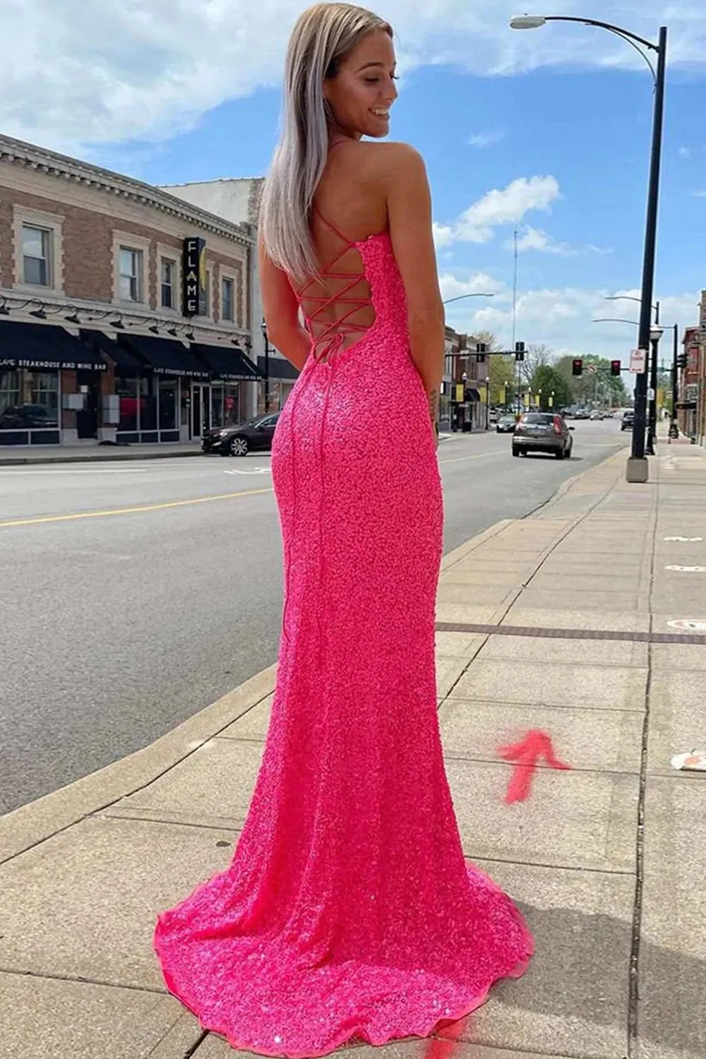 Halter Lace-Up Back Sequin Prom Dress With Slit