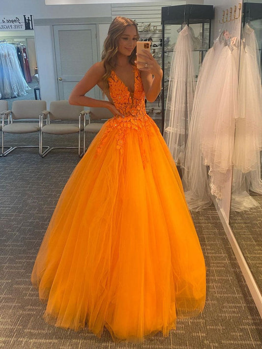 Orange V-Neck Tulle Lace Long Prom Dress Orange Evening Dress