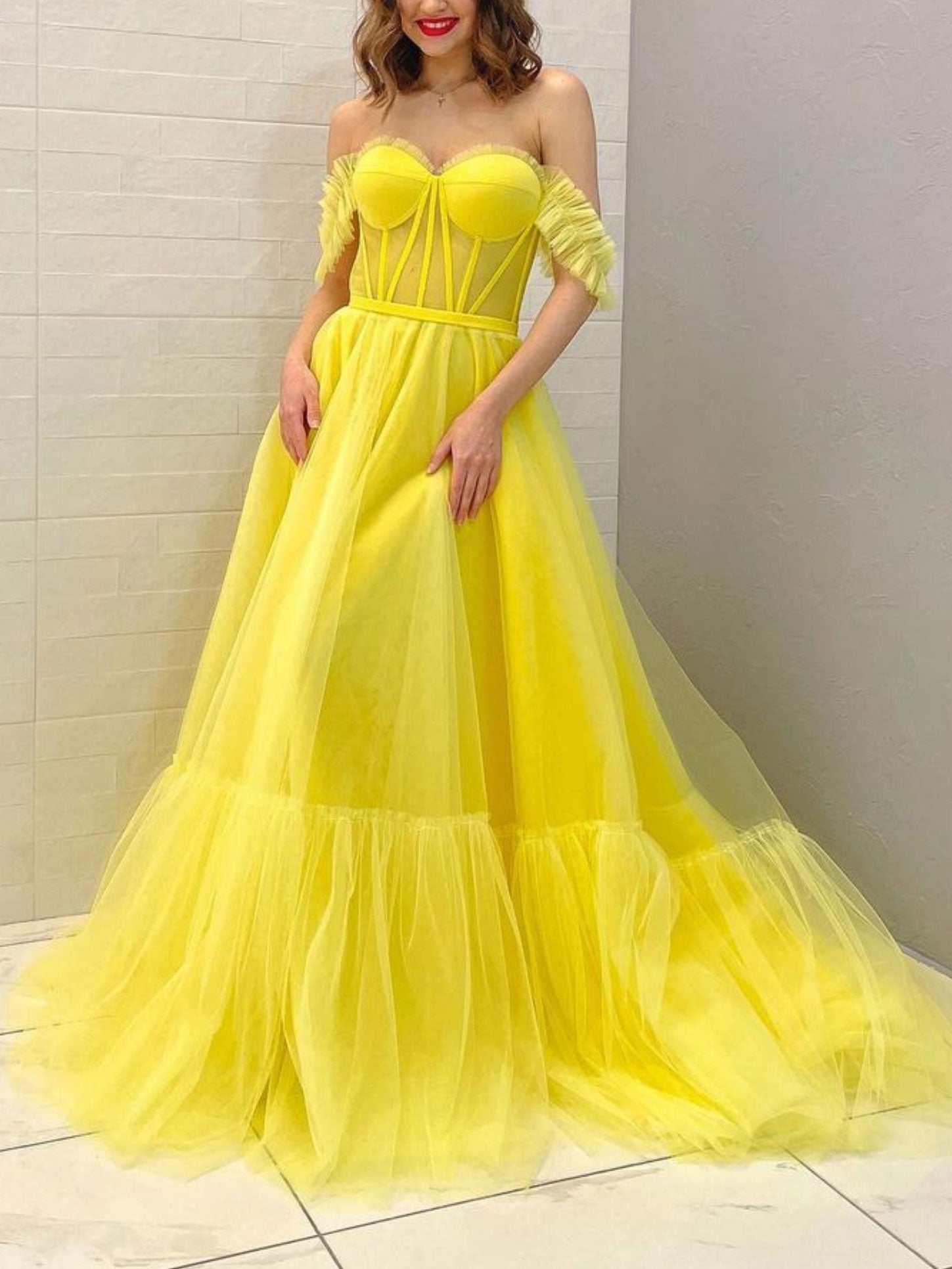 Yellow Off-Shoulder Tulle Long Prom Dress Yellow Tulle Evening Dress