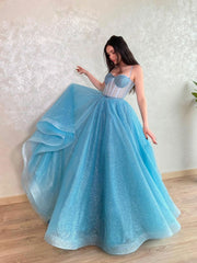 Blue Sweetheart Neck Tulle Sequin Long Prom Dress Blue Evening Dress