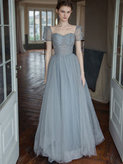 Gray Tulle Beaded Long Prom Dress Tulle Long Sweet 16 Dress