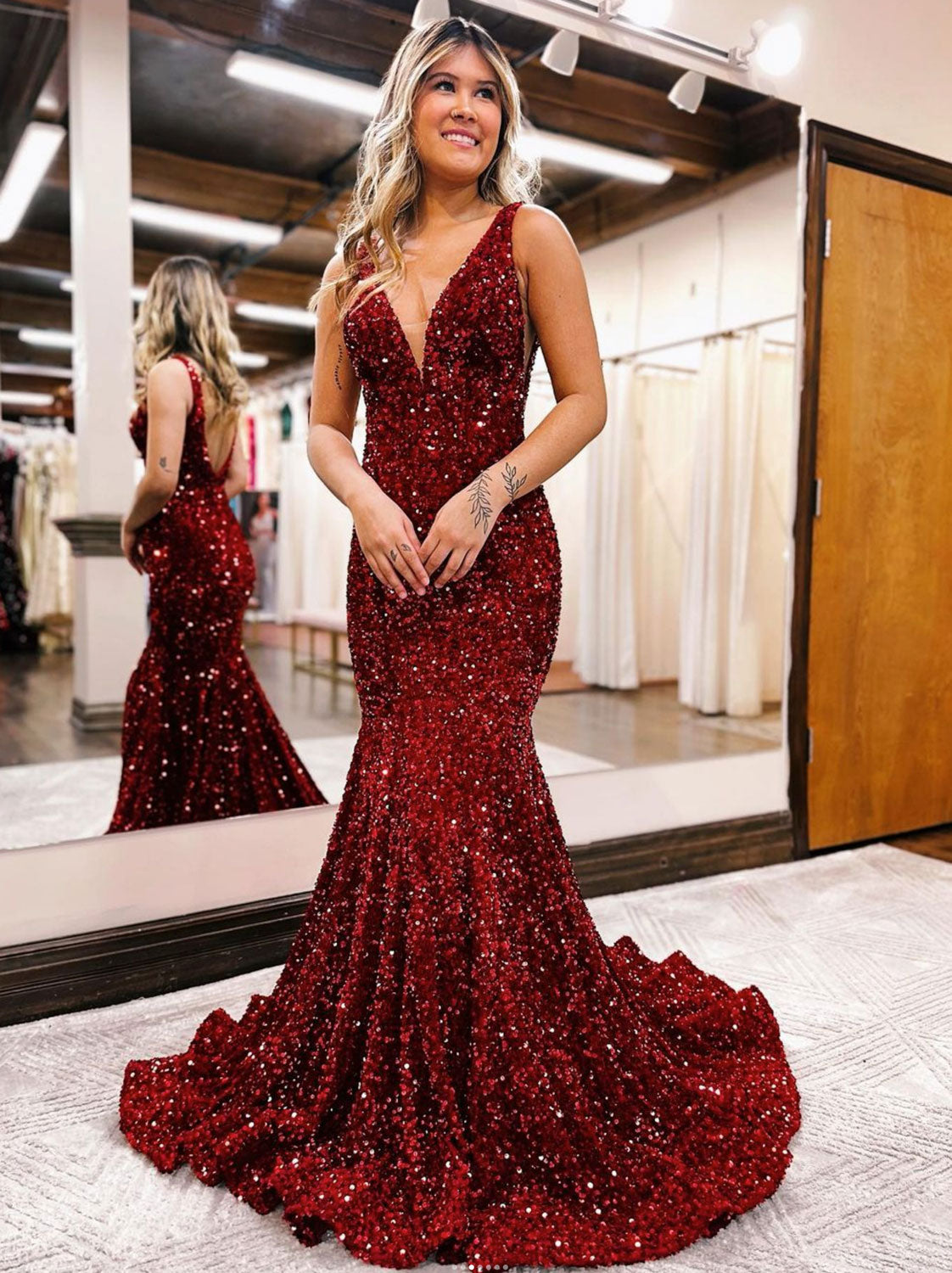 Unique Velvet Sequin Mermaid Long Prom Dress Sequin Formal Dress