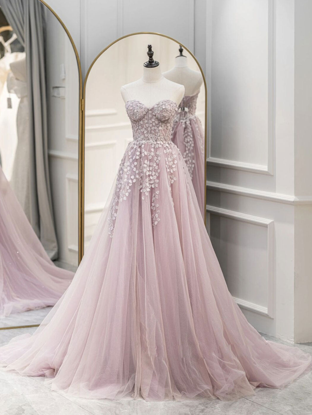 A-Line Sweetheart Neck Tulle Lace Pink Long Prom Dress Pink Formal Dress