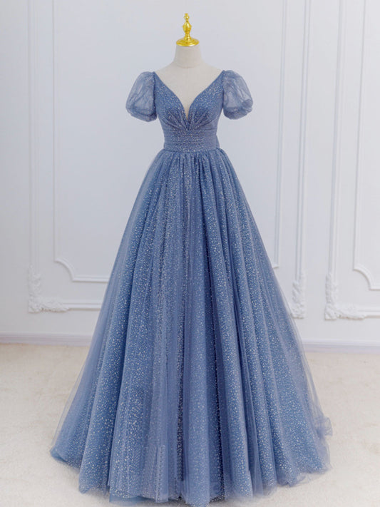 Gray Blue A-Line Tulle Long Prom Dress Blue Tulle Formal Dress