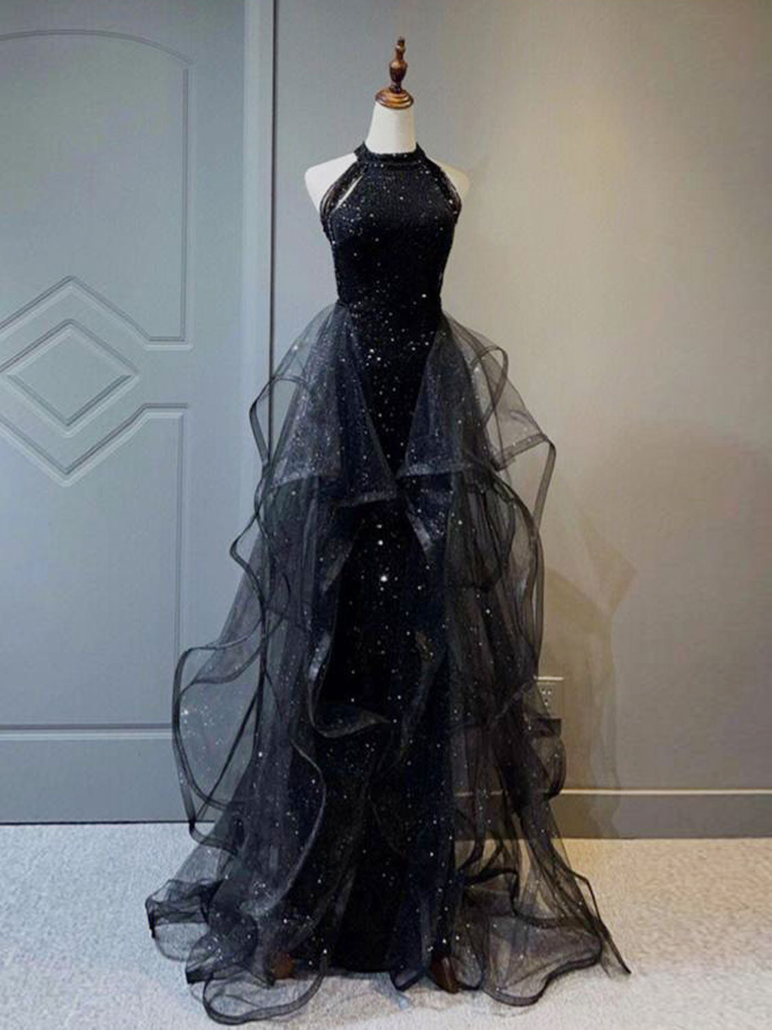 Black A-Line Tulle Long Prom Dress Black Formal Evening Dress