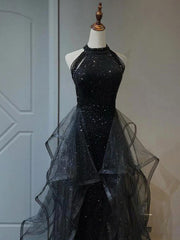 Black A-Line Tulle Long Prom Dress Black Formal Evening Dress