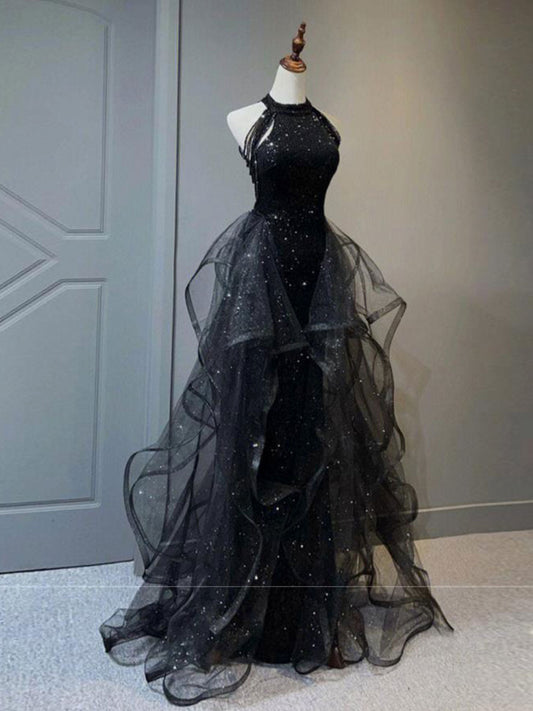 Black A-Line Tulle Long Prom Dress Black Formal Evening Dress