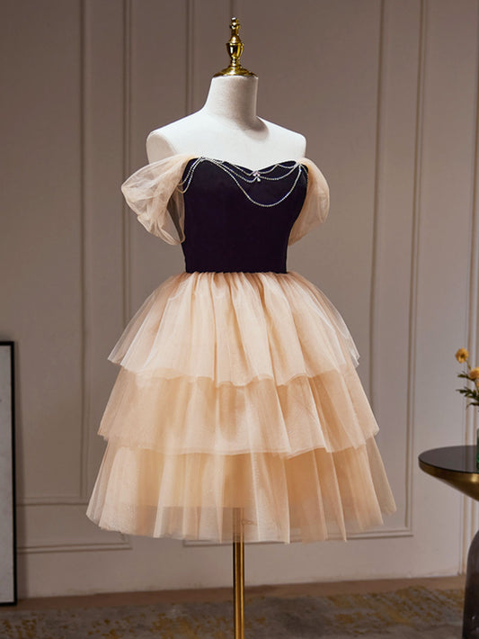 A-Line Sweetheart Neck Tulle Champagne Short Prom Dress Champagne Homecoming Dress