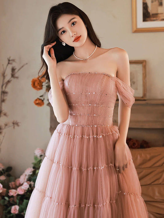 A-Line Pink Off-Shoulder Long Prom Dress Pink Long Formal Dress