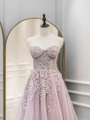 A-Line Sweetheart Neck Tulle Lace Pink Long Prom Dress Pink Formal Dress