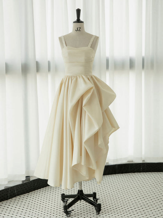 Champagne Satin Tea-Length Prom Dress Champagne Formal Dress