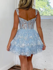 Unique V-Neck Sequin Mini Blue Short Prom Dress Blue Homecoming Dress