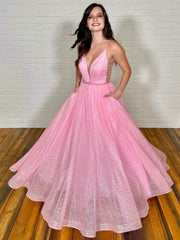 Pink V-Neck Tulle Long Prom Dress Pink Tulle Formal Dress