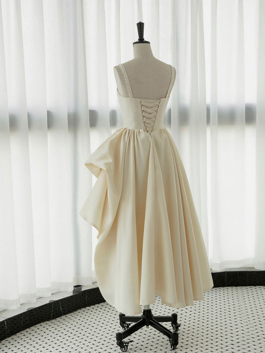 Champagne Satin Tea-Length Prom Dress Champagne Formal Dress