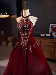 A-Line Velvet Sequin Burgundy Long Prom Dress Burgundy Long Formal Gown