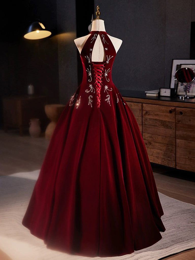 A-Line Velvet Sequin Burgundy Long Prom Dress Burgundy Long Formal Gown