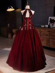 A-Line Velvet Sequin Burgundy Long Prom Dress Burgundy Long Formal Gown