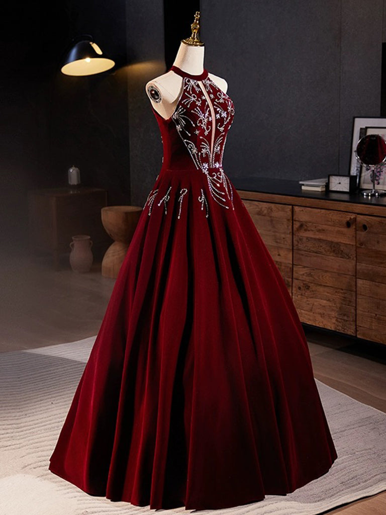 A-Line Velvet Sequin Burgundy Long Prom Dress Burgundy Long Formal Gown