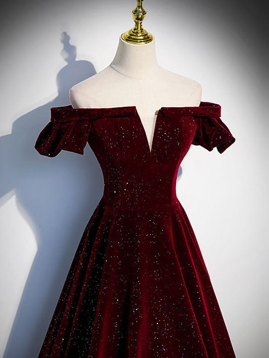 Burgundy Velvet Beaded Long Prom Dress Burgundy Evening Dress