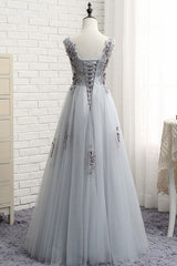 Gray Round Neck Lace Tulle Long Prom Dress Gray Lace Evening Gown