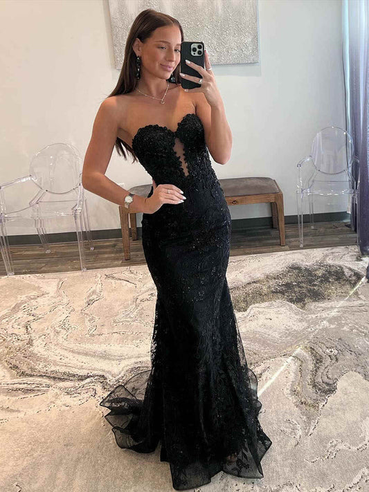 Mermaid Sweetheart Neck Tulle Lace Black Long Prom Dress Black Evening Dress