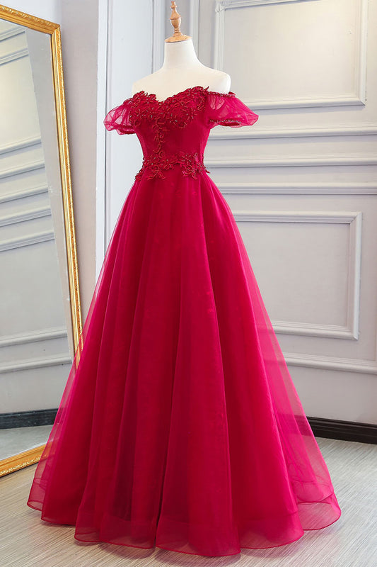 Red Tulle Long Prom Dress Red Tulle Lace Evening Dress