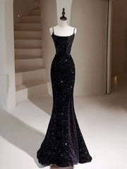 Black Mermaid Sequin Long Prom Dress Black Formal Gown